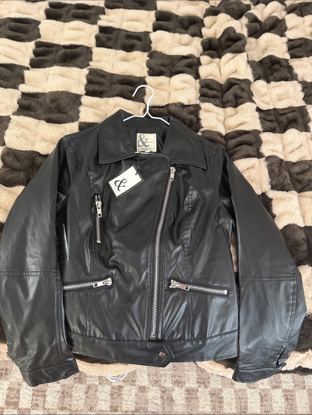 NWT AMPERSAND AVE Black Faux Leather Moto Jacket with Silver Hardware. Size S